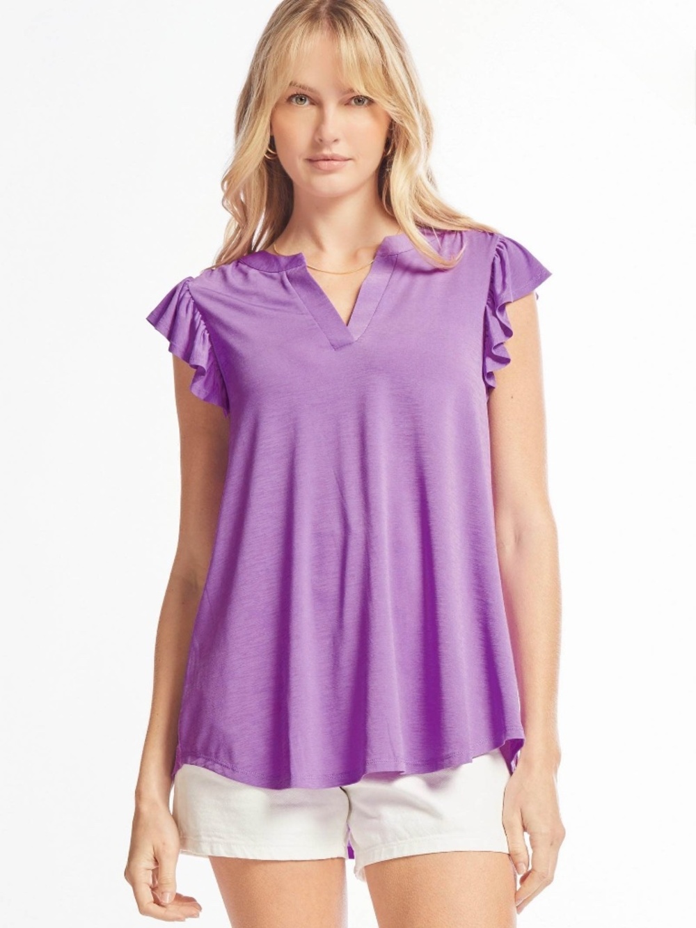 New Dear Scarlett Purple Ruffle Sleeve Lizzy Top V Neck Relaxed Fit Shirt Blouse - Picture 5 of 6